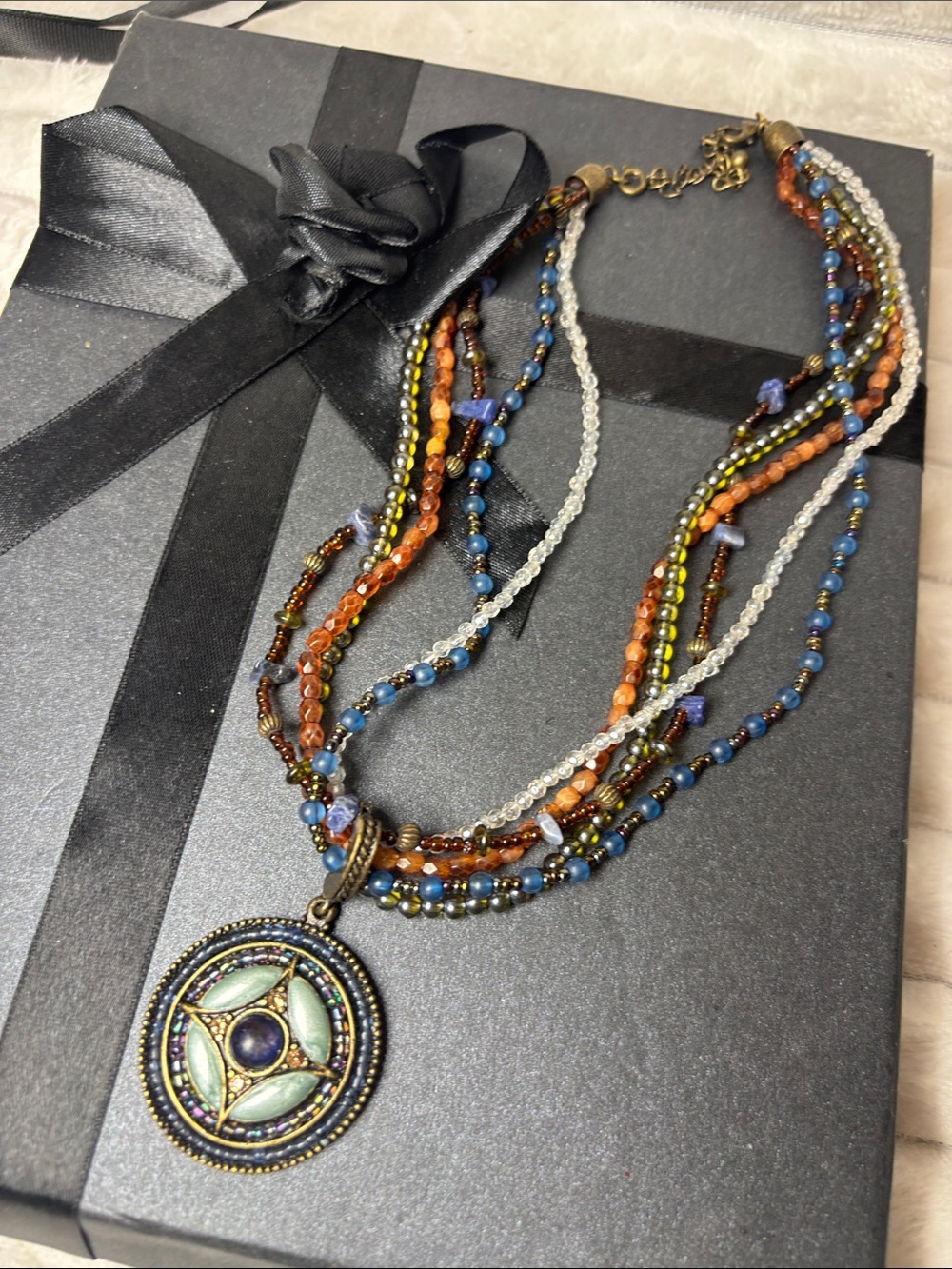 Vintage Avon Multi-strand Beaded Pendant Necklace in Blue, Orange & Gold Boho